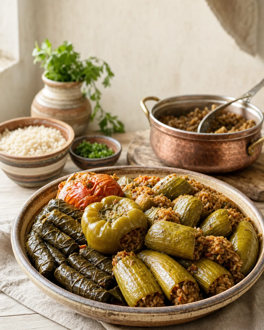 تشكيلة محاشي بيتية في أطباق سيراميك